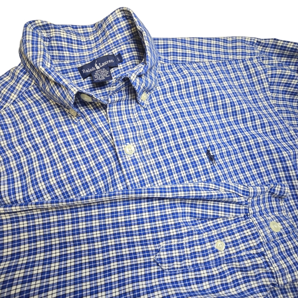 Ralph Lauren Shirt Mens L Blue Plaid Button Down Oxford Pony Preppy Old Money